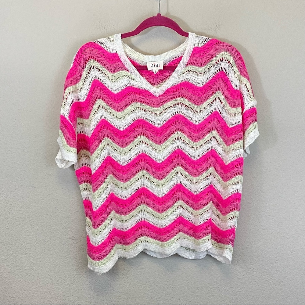 BiBi Pink Pointelle Slouchy Beachy Short Sleeve Knit Top Size Small - Picture 2 of 7
